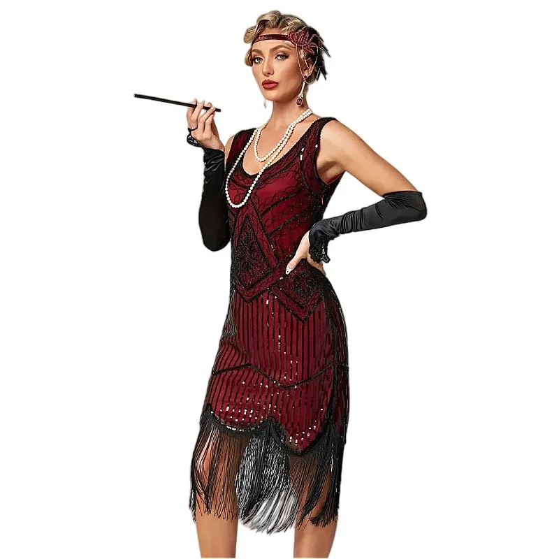 Plus Size Women Party Dress 1920s Great Gatsby Flapper Dress V Neck Sleeveless Embellished Sequin Beaded Fringe Dress Vestidos