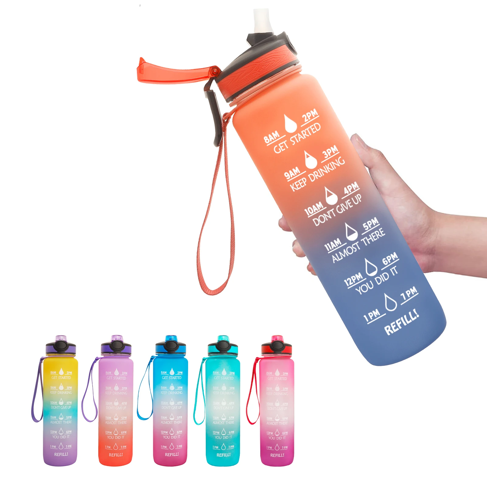 

BPA Free Sport 1L Water Bottle 32oz Motivational Water Bottle With Straw Tritian Water Bottle With Strap botella de agua, Sky bule/black/pink/green