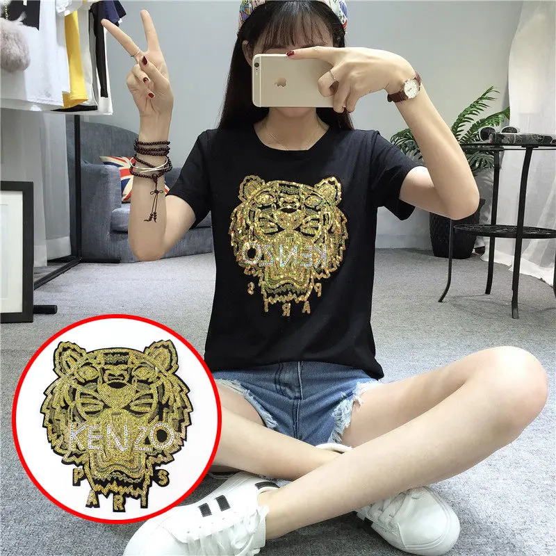 

New Pearl piece computer embroidery Sequin cloth patch clothing accessories clothing DIY patch large tiger head