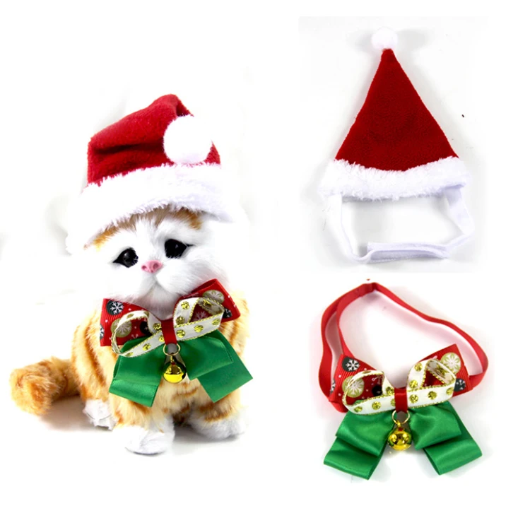 

2020 New Design Christmas Pet Collar Accessories Pet Cat Bell Tie Hat Christmas Set Christmas Hair Accessories