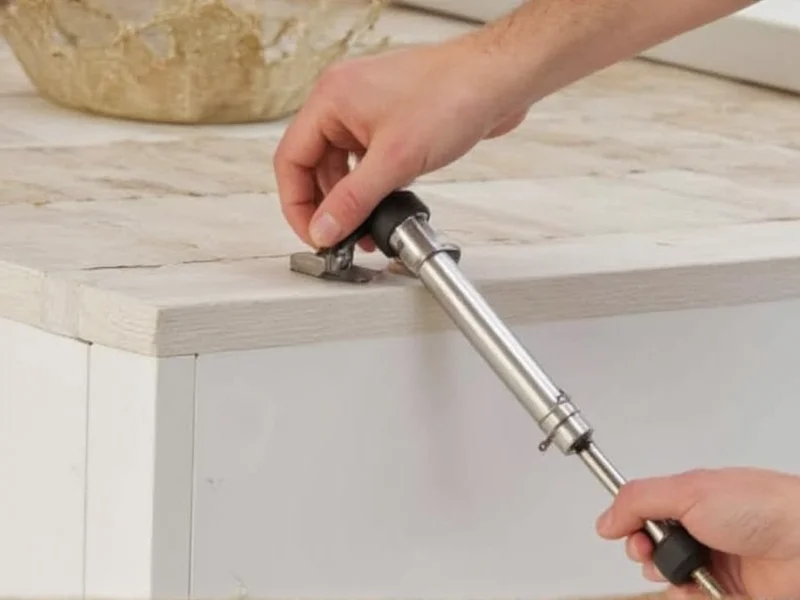 Close-up of Murphy bed piston mechanism installation process