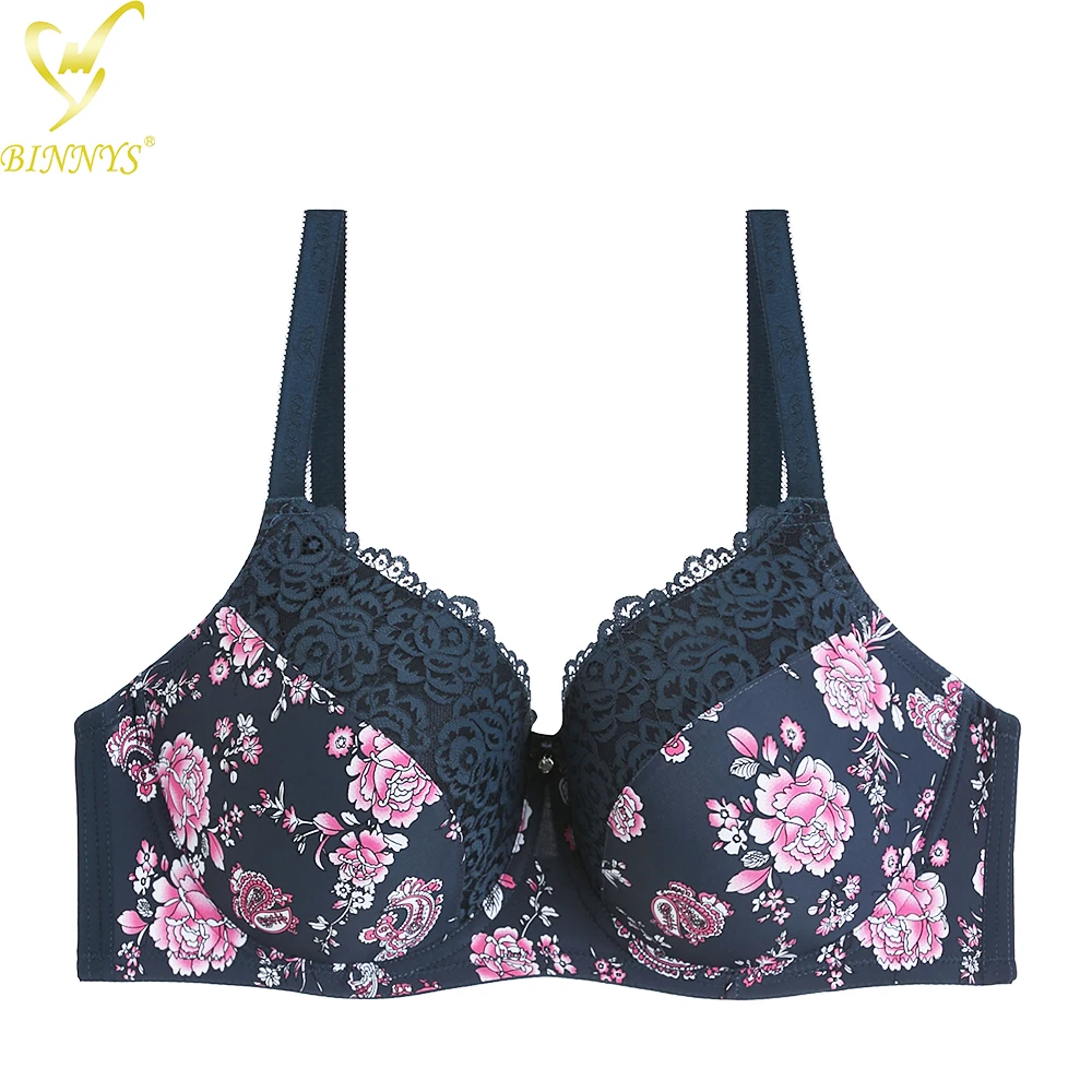 

BINNYS 36F cup plus size nylon straps printed high quality full cup back closure three hooks big size underwire women bra