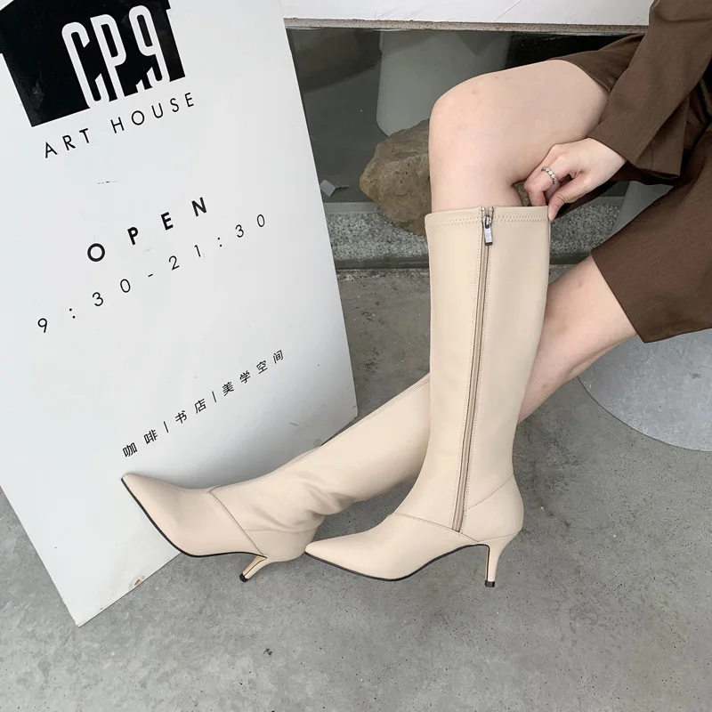 

113501 DEleventh PU leather side zipper up design soft women shoes pointed toe high heel knee high boots for female fall winter