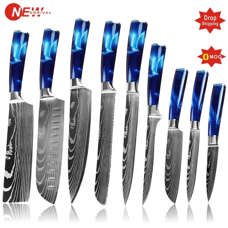 

Drop shipping 9 pieces stainless steel colour handle kitchen chef santoku carving bread cleaver boning utility paring knife set