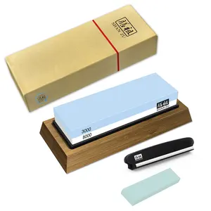 Image of SHANZU Premium Double-sided Japanese Grinding Whetstone 3000/8000 Grit with Bamboo Base & Flattening stone for Sharpening Knives