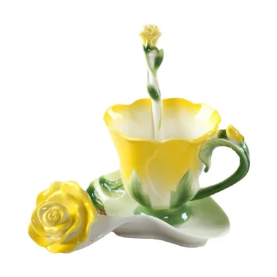 

3D Rose Design Ceramic Cup Coffee Mug And Saucer Set, As the picture show