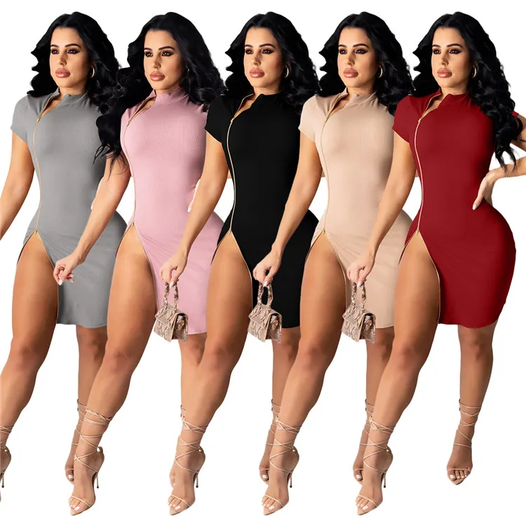 

2021 New Sexy Ladies Clothing Short Sleeve Zipper Bodycon Nightclub Casual Women Mini Dress, Picture color