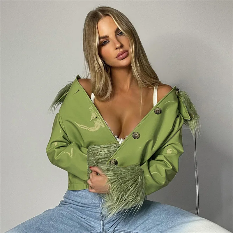 

women coats winter and autumn leather jacket Turn Down Collar Long Sleeve Crop Top Casual Leather Cardigan coat