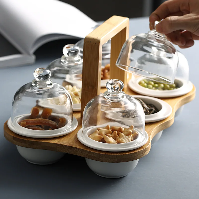 

Dessert, cake, snack serving plate 4-piece / 6-Piece set, Ceramic serving plate with bamboo support