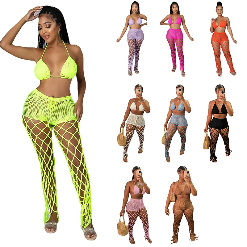 

New Arrive Summer Boho Crochet Two Piece Set Women Sexy Hollow Out Tassels Pants Beach Wear 2 Piece Swimsuit Cover Up, Picture showed