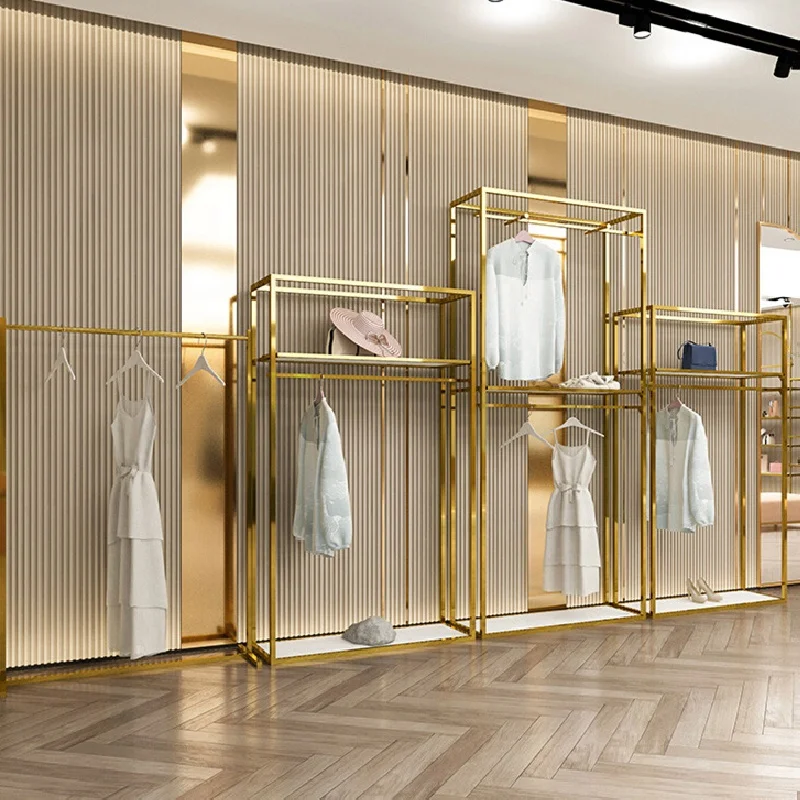 

Custom Boutique heavy duty Stainless Steel Gold Metal Retail Clothing Racks for clothing store Display racks