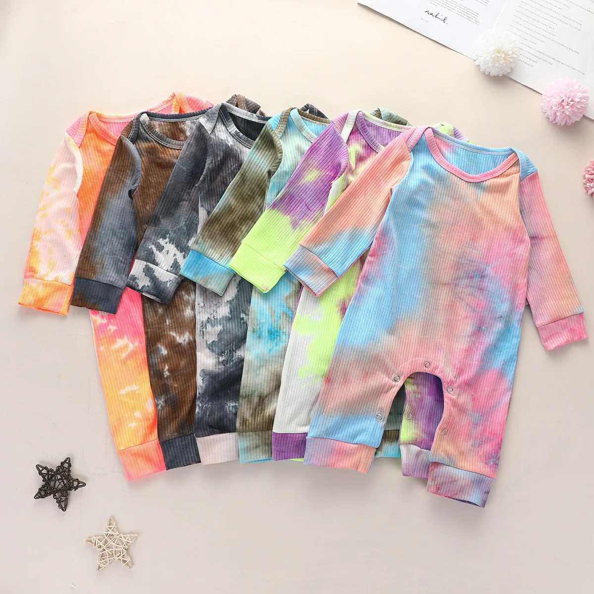 

RTS Fall Children Clothes Long Sleeve Baby Romper Tie Dye Ribbed Cotton Baby Rompers for Boy Girls