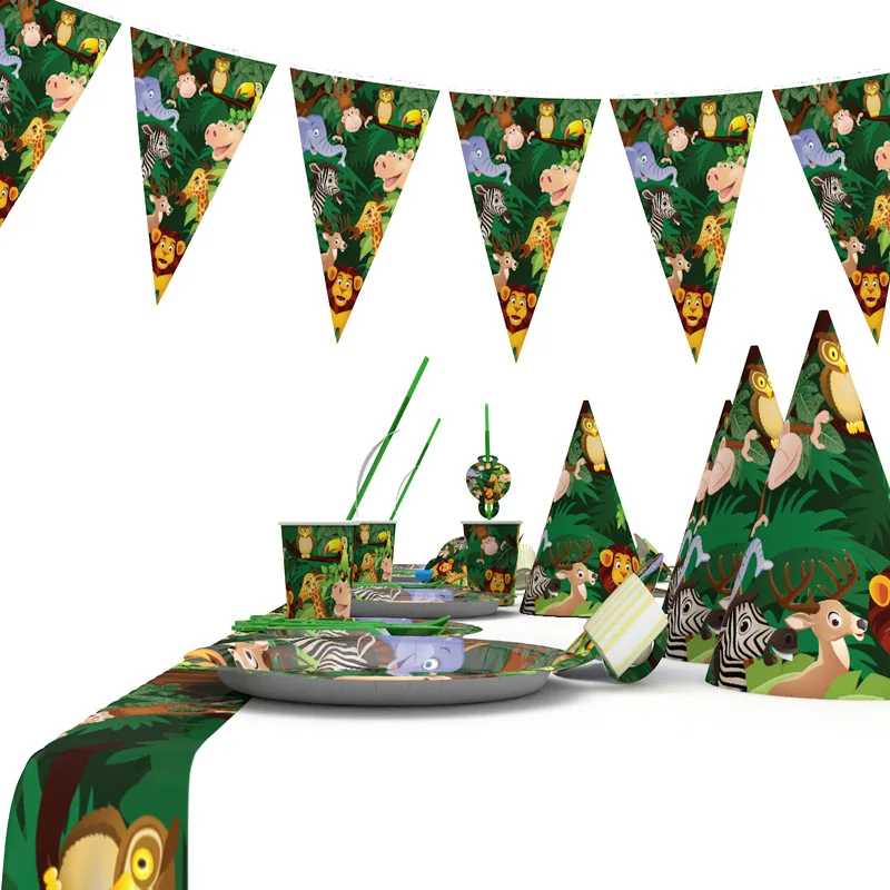 

Cartoon Jungle Animal Disposable Party Tableware Sets for Kid Birthday Party Decor Plate Cup Napkin Tablecloth Party Supplies, Green