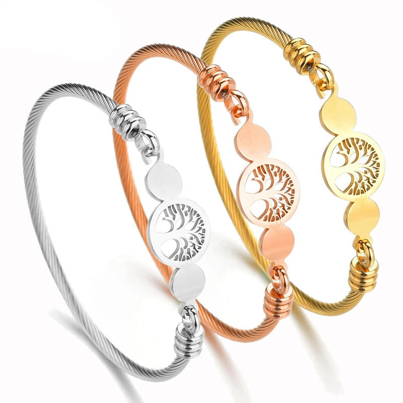 

New Rose Gold Thin Cable Wristband Positive Bracelet Bangle Customized Engraved Hollow Tree Of Life Stainless Steel Cuff Bangle