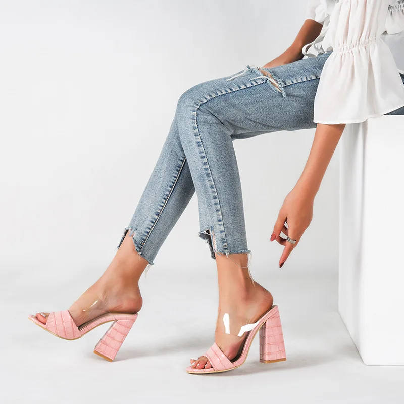 

Factory Sale Fashion Lady Slippers Plus Size Thick Heel Fish Mouth Open Toe Transparent Strap One Font Girls Slippers Pu