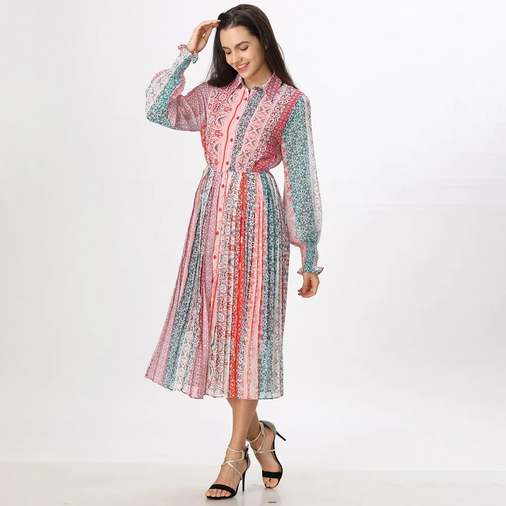 

Trend 2020 Spring Women Chiffon Long Sleeve Print Pleated Midi Casual Shirt Dresses