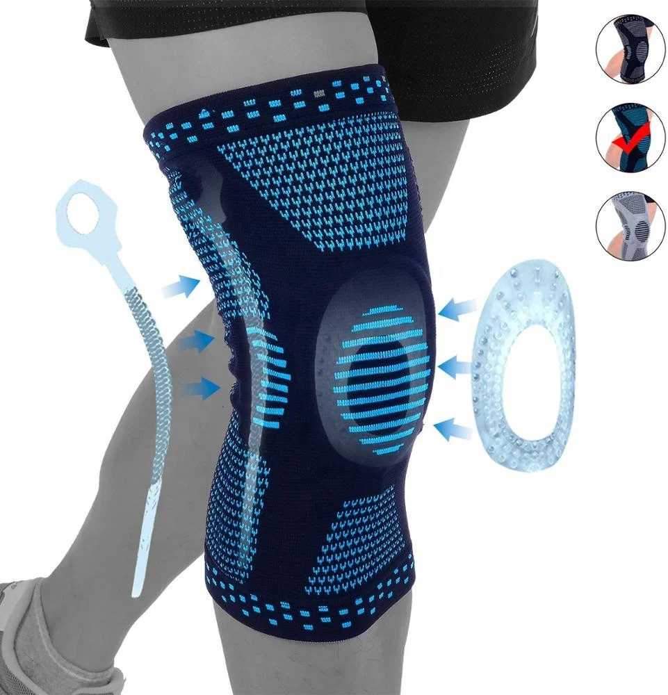 

Professional Knee Brace Compression Sleeve Elastic Knee Wraps with Silicone Gel and Spring Support, Black/blue/grey