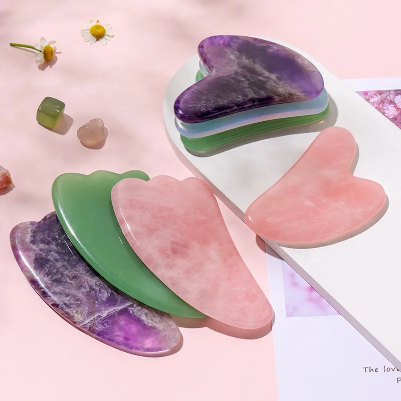 

Natural Pink Crystal Stone Facial Massage Tools Jade Guasha Board Gua Sha Tool, Pink green purple