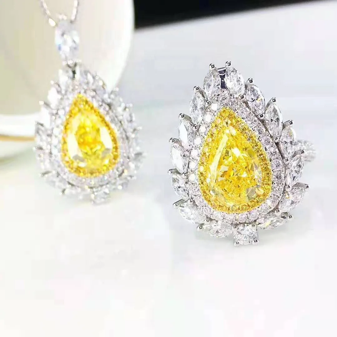 

New Fashion Water Drop Jewelry Sets Inlay Yellow Crystal Zircon Luxury Wedding Rings Charm Women Unusual Stud Earrings Necklace, Customized color