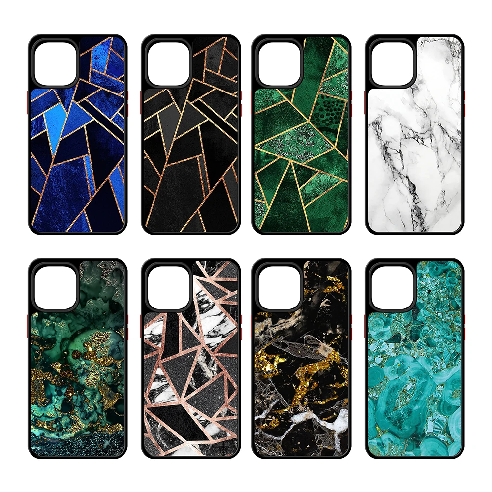 

2021 Fashion Geometric Marble Matte PC Phone Cover Shockproof Protection Hard Back Phone Case for iPhone 11 12 Pro Max, Black & translucent