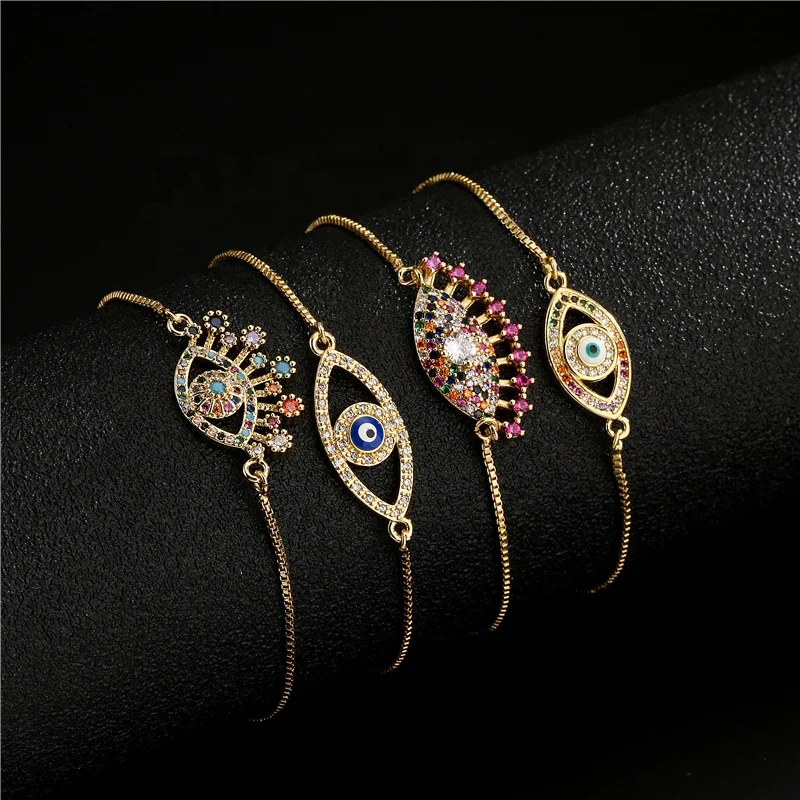 

Retro Hot Sale Rainbow Cubic Zirconia Evil Eye Arrow Charm Luxury Brass Plated Gold Bracelets Adjustable Jewelry