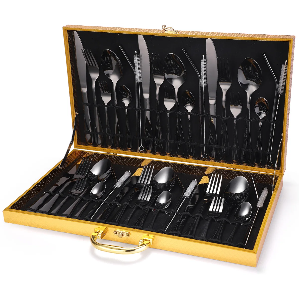 

Hot sell stainless steel flatware set black cutlery straws set with wood box for 6 person, Sliver, gold