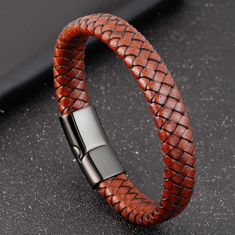 

19cm 21cm Handmade Braided Men Wrap Leather Bracelet Wrist Cuff Bangle Stainless Steel Magnetic Clasp Leather Bracelet for Men