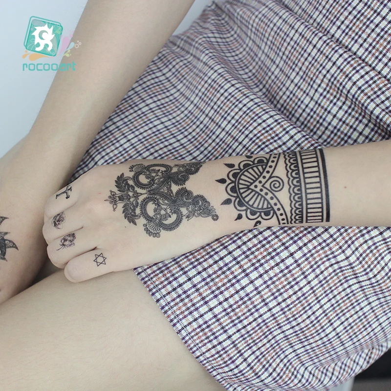 

New Women Men Waterproof Temporary Tattoo Sticker India Flower Rose Fake Tattoo Hand Arm Foot Back Tattoo Designs, Black,darkcyan