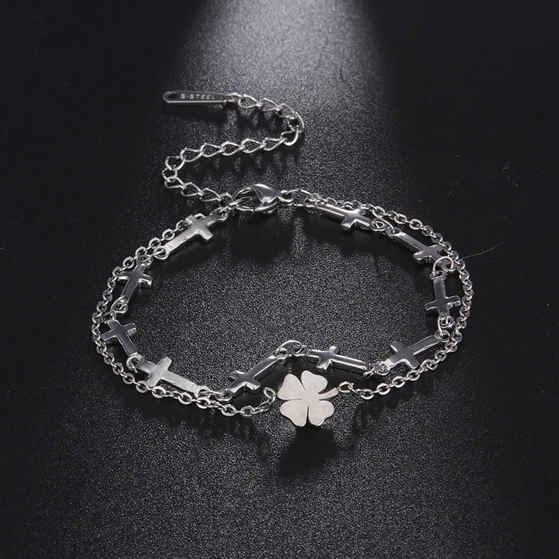 

Trendy Stainless Steel Gold Plated Four Leaf Bracelet Lucky Clover Charm Bracelet Cross Pendant Chain Bracelet Jewelry Gifts, Steel color(accept customized)