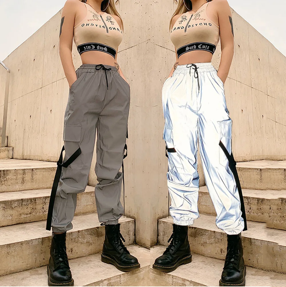 

Autumn Winter Loose Hight Waist Flash Reflective Patchwork Jogger Pants 2019 Women Neon Streetwear Outfits Cargo Trousers