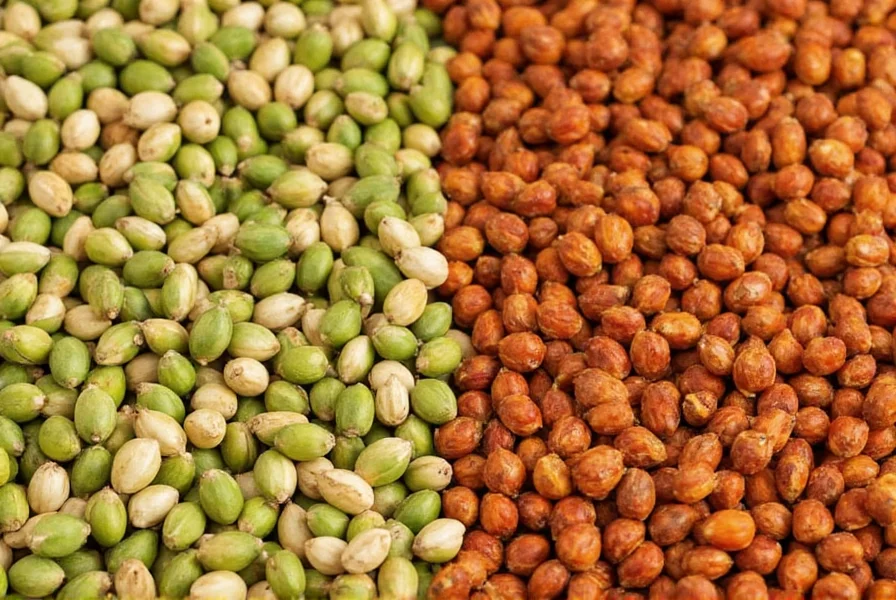 Close-up of raw pepitas next to seasoned chili lime pepitas showing color and texture difference