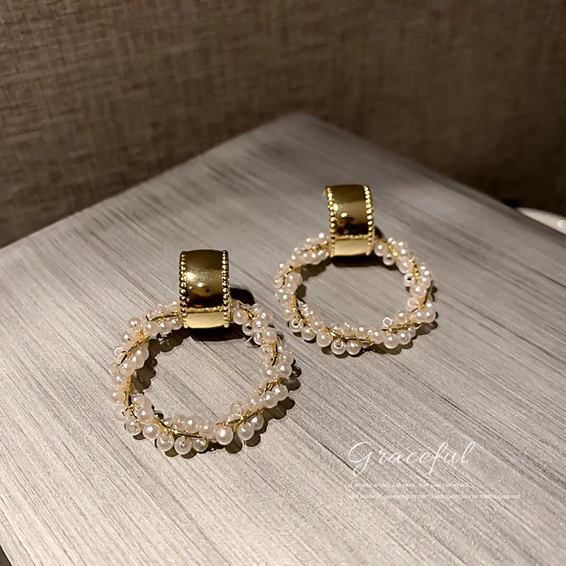 

new statement pearl and gold rhinestone circle earrings