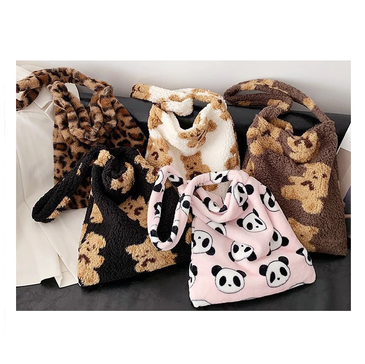 

Wholesale winter cartoon cute fluffy teddy bear tote bag kawaii lamb fuzzy purse faux fur shoulder bag for women girls