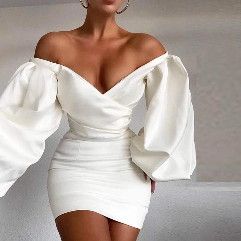 

Dropshipping White Dresses For Woman Sexy Strapless V-Neck Backless Loose Long Sleeve Folds Women'S Clothing 2020 Spring Dress
