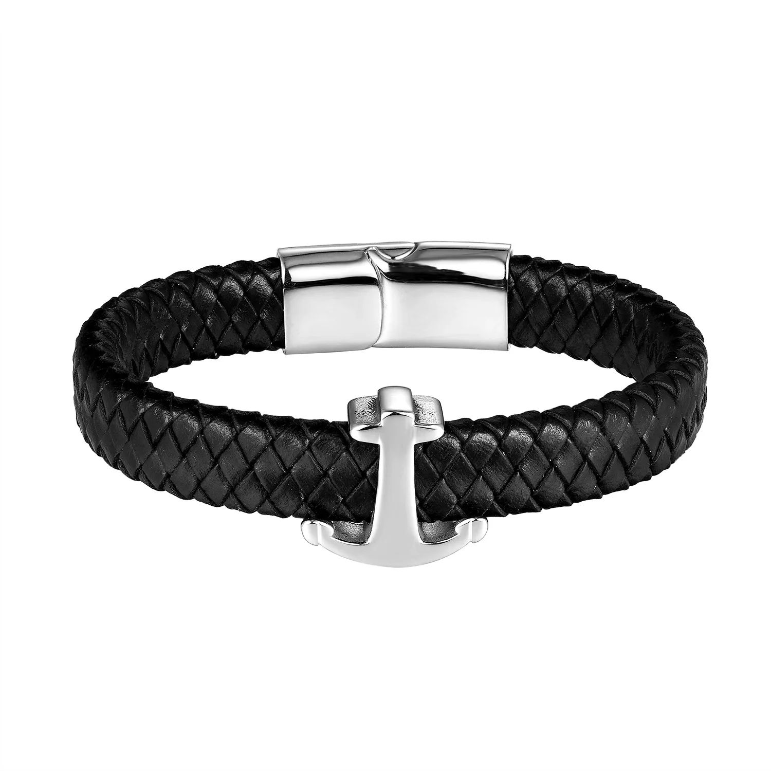

MECYLIFE Custom Engrave Leather Bracelet Stainless Steel Anchor Charms Genuine Leather Bracelet for MEN, Black