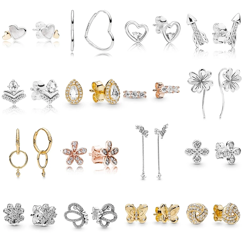 

NEW 100% 925 Sterling Silver Shine Flower Stem Small Asymmetric Hearts of Love Hoop Earring Fit DIY Women Original Jewelry