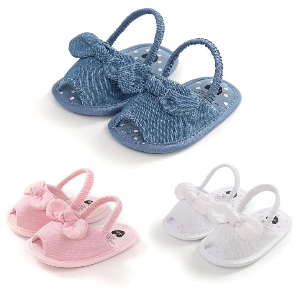 

2020 spring summer canvas denim Bowknot pink Slipper sandals new born baby girl shoes, Pink, blue, white