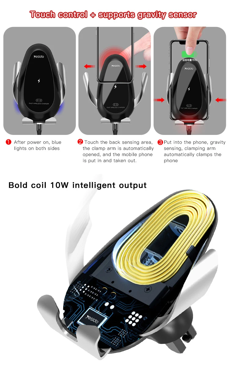 Intelligent Air Vent Mobile Phone Car Holder Touch Control Cell Phone Holder Mount 10W Qi Wireless Car Charger