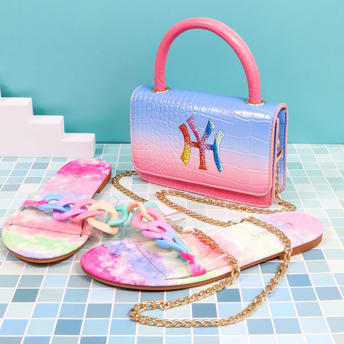 

Wholesale new ladies flat slides with purse kids purse and shoes set girls purses and handbags, 8 color