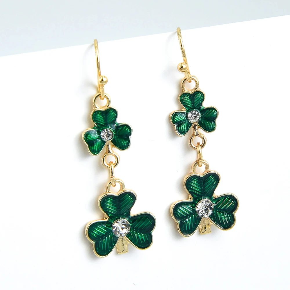 

Veijer Vintage Luxury Green Rhinestone Crystal Gold Plated Green Clover Plant Dangle Drop Earrings Earrings gold plated