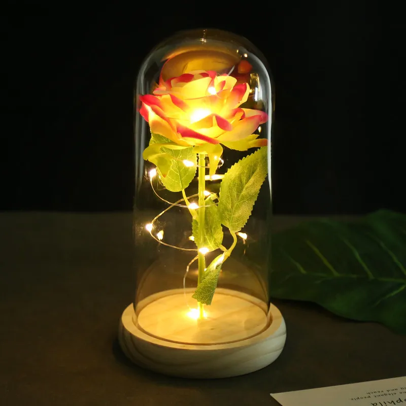 

Wooden Base Romantic Preserved Roses LED Light Eternal Flower In Glass Dome Valentine's Day Gift