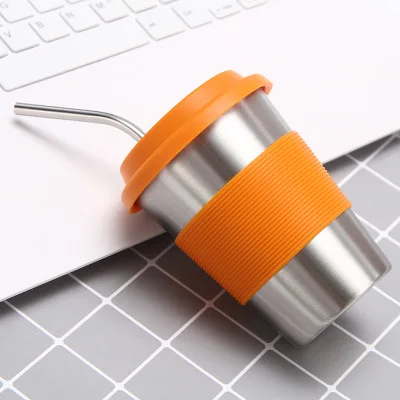 

Mikenda Friendly Metal Material Plating Coffee Mug With silicone sleeve Portable Food Grad Silicone Bottle with steel straw, Mix