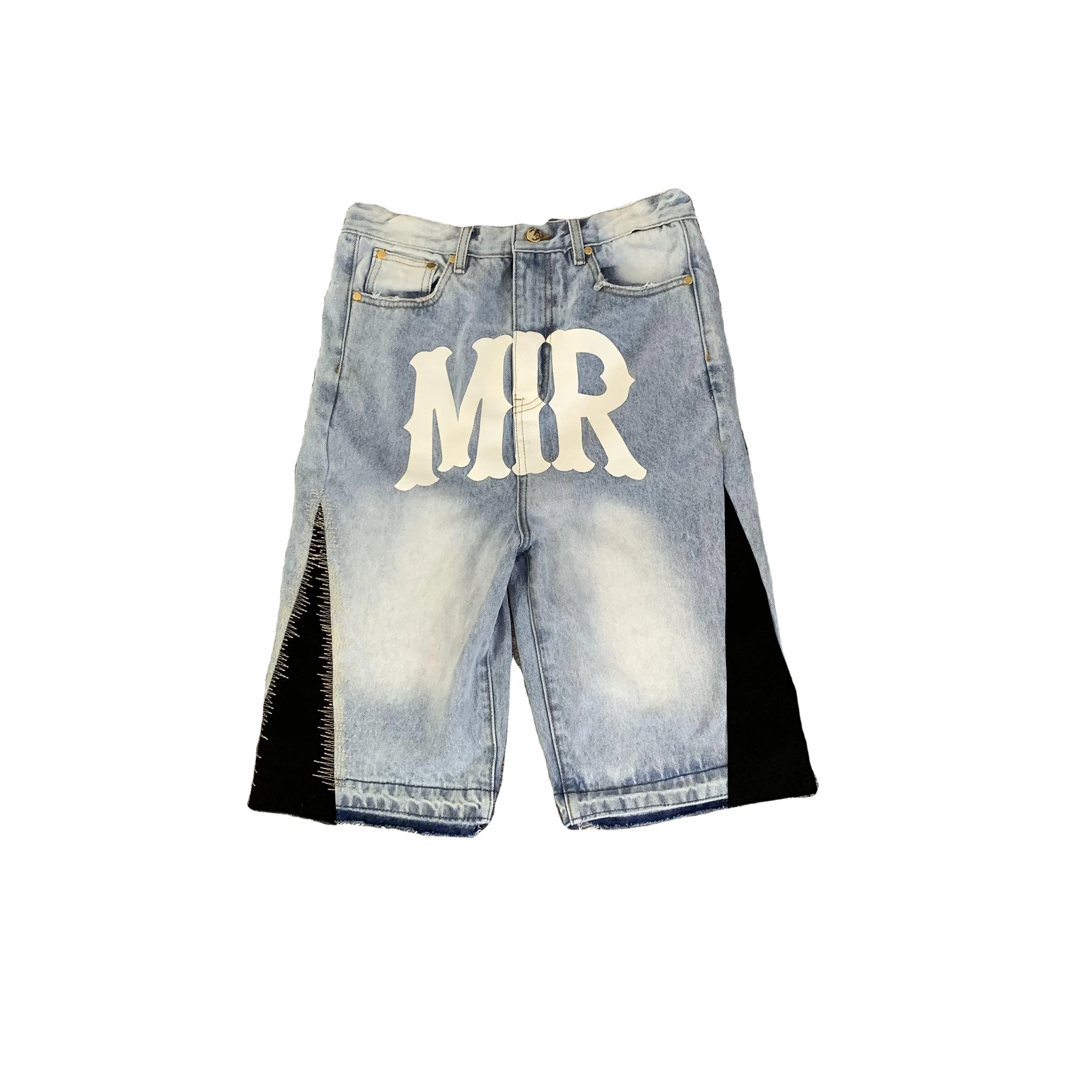 DENIMGUYS Men's Y2k Jeans Shorts Custom Logo Raw Hem Cut Edge Knee Length Vintage Washed Loose Denim Shorts for Men