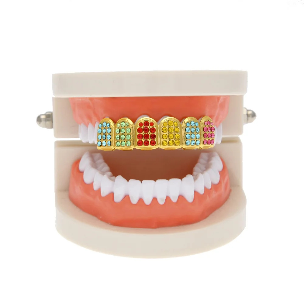 

Hot selling HipHop Gold 8 Teeth Top Grillz Hiphop Tooth Dental Grills Dental Halloween Vampire Cosply gold Teeth Caps golden