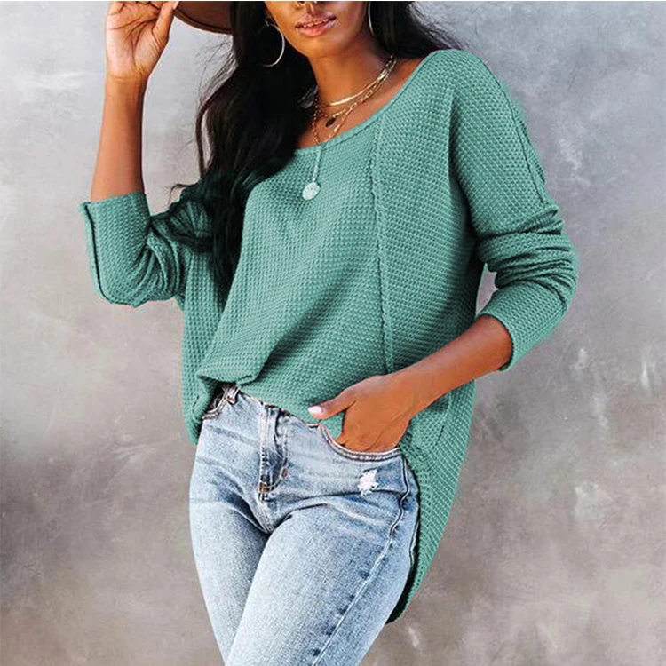

New autumn and winter women's European and American long sleeve stitching round neck casual T-shirt loose waffle top