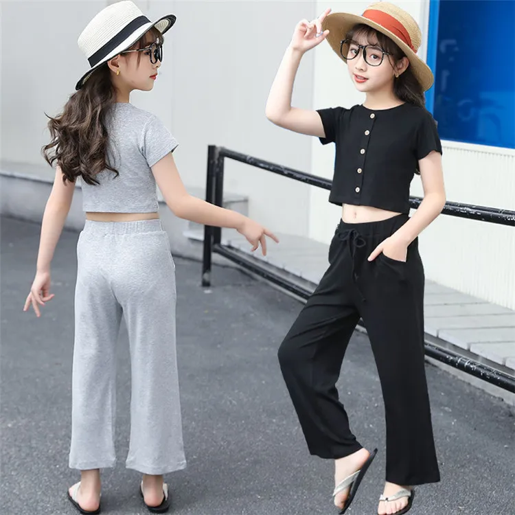 

High Quality Cotton Kids Clothes Set Short Sleeve Top+Wide Leg Pants 2Pcs Teen Girl Clothing Outfit Sports Girls Fashion Clothes, Black/gray