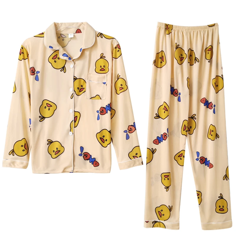

Hot selling ladies cartoon print milk silk whole pajamas long sleepwear women two piece sets