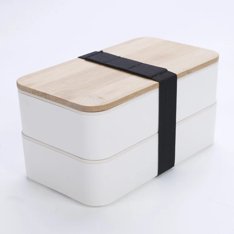 

2022 new hot sell Premium Wood Bamboo Lids Microwave Safe Plastic 2 Tiers Japanese Lunch Box Bento With Cutlery Set, Black white
