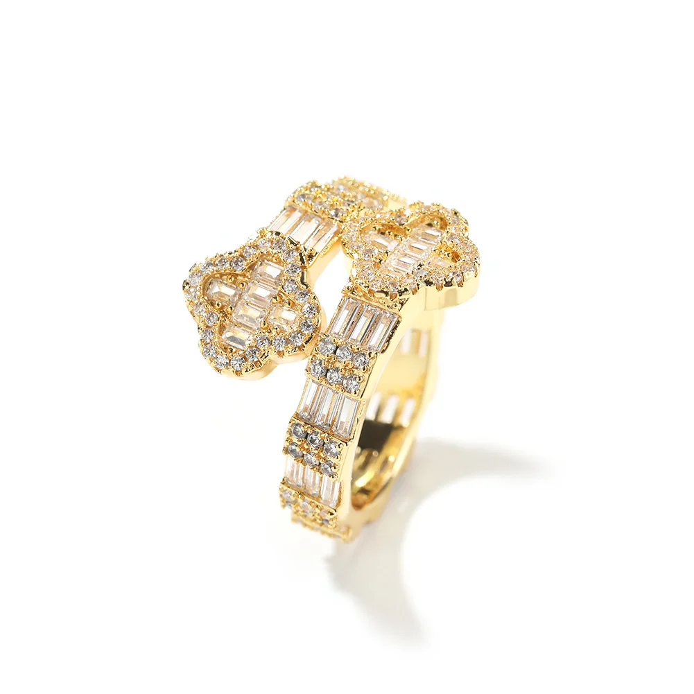 New Gold Rose Silver Hip Hop Cuff Ring with Cut Baguette Prong Stones Four Leaf Clover & Pinky Adjust Jewelry Gift Iced CZ Style