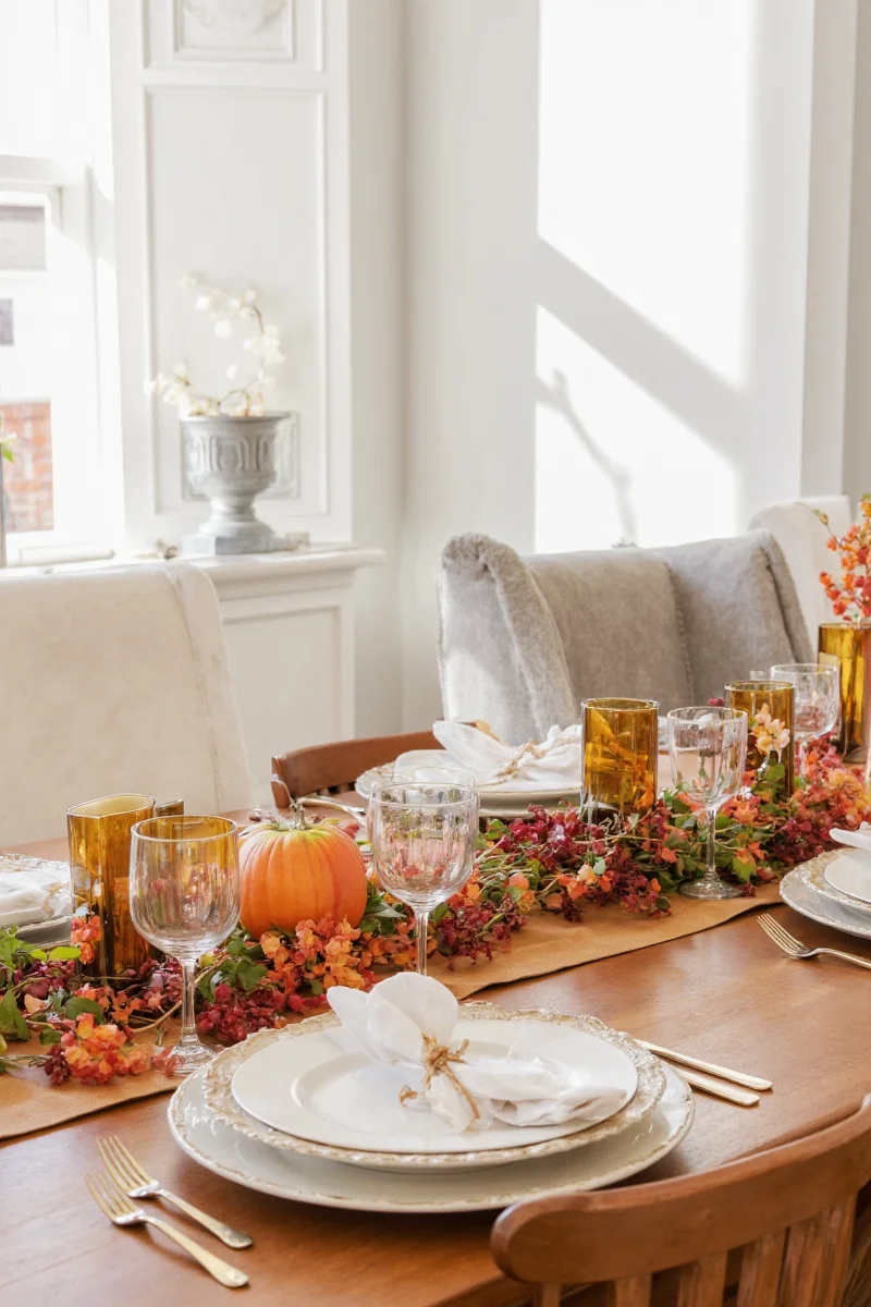 Monochrome Thanksgiving table with black and gold accents